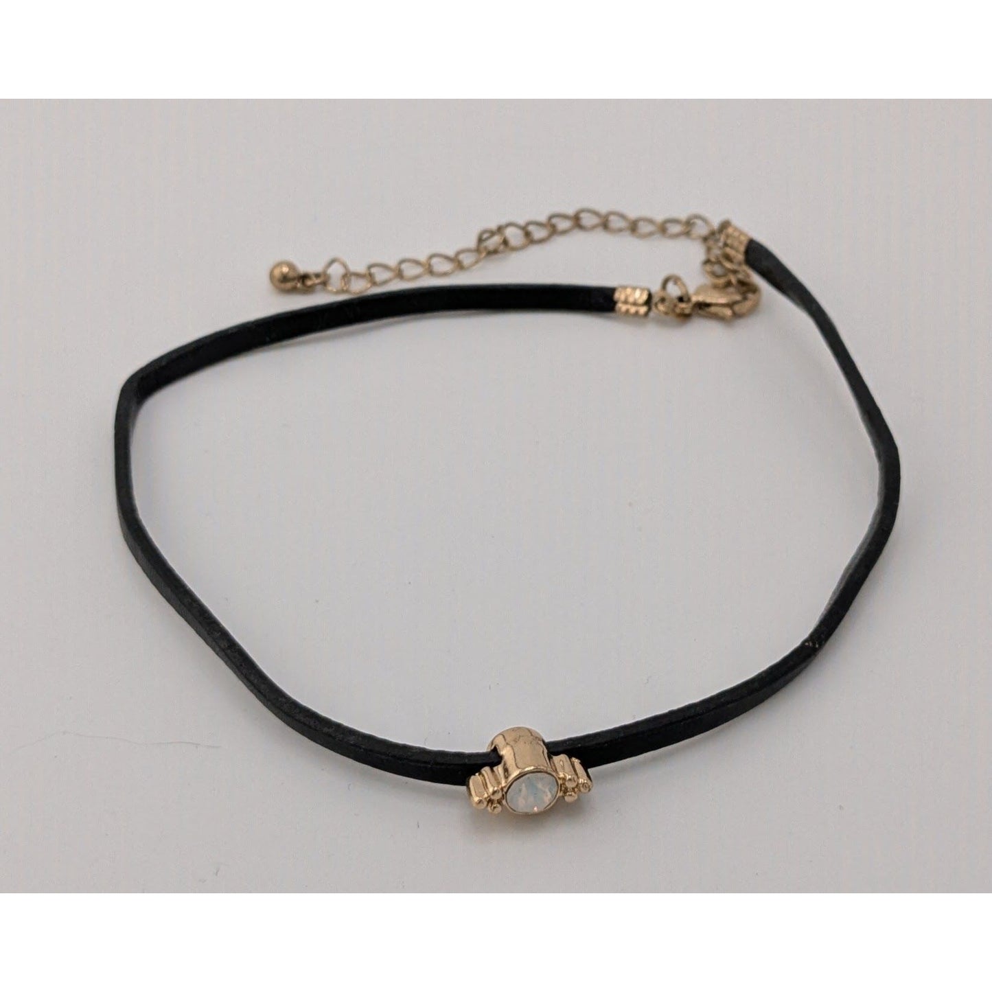 Minimalist Regency Black Choker Necklace Gemmed Gold Tone Charm