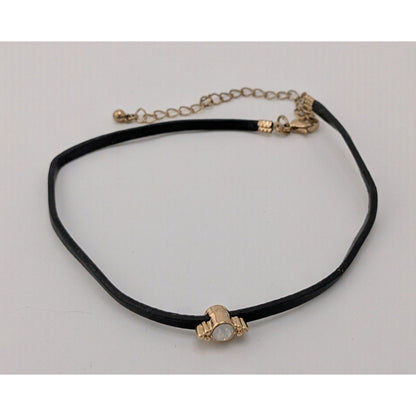 Minimalist Regency Black Choker Necklace Gemmed Gold Tone Charm