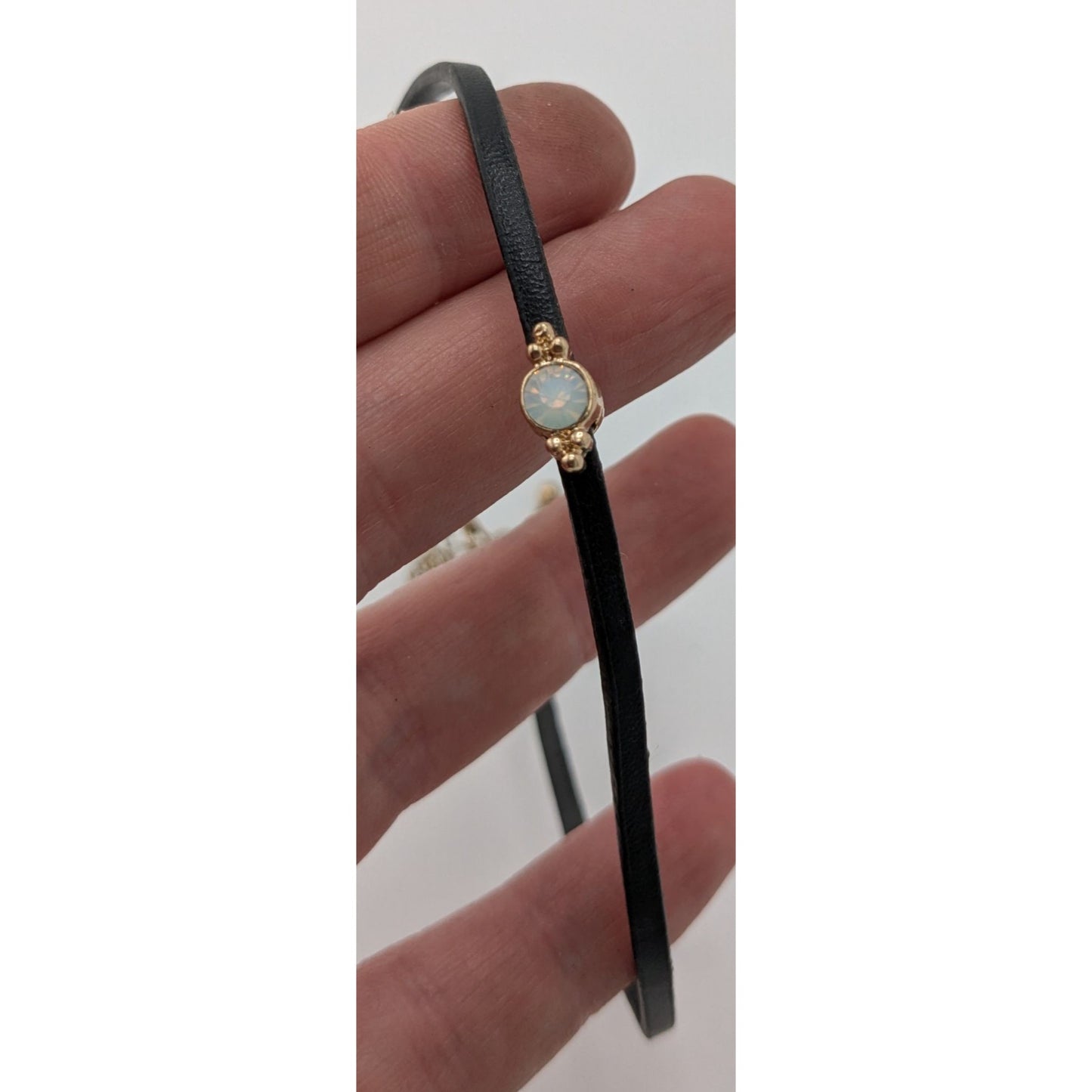 Minimalist Regency Black Choker Necklace Gemmed Gold Tone Charm