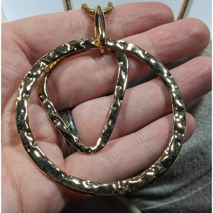 Brutalist Hammered Geometric Gold Tone Open Pendant Necklace