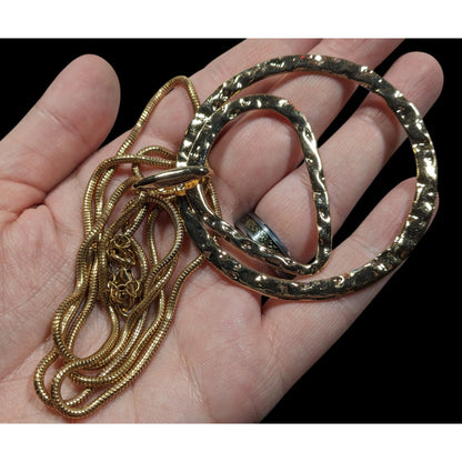Brutalist Hammered Geometric Gold Tone Open Pendant Necklace
