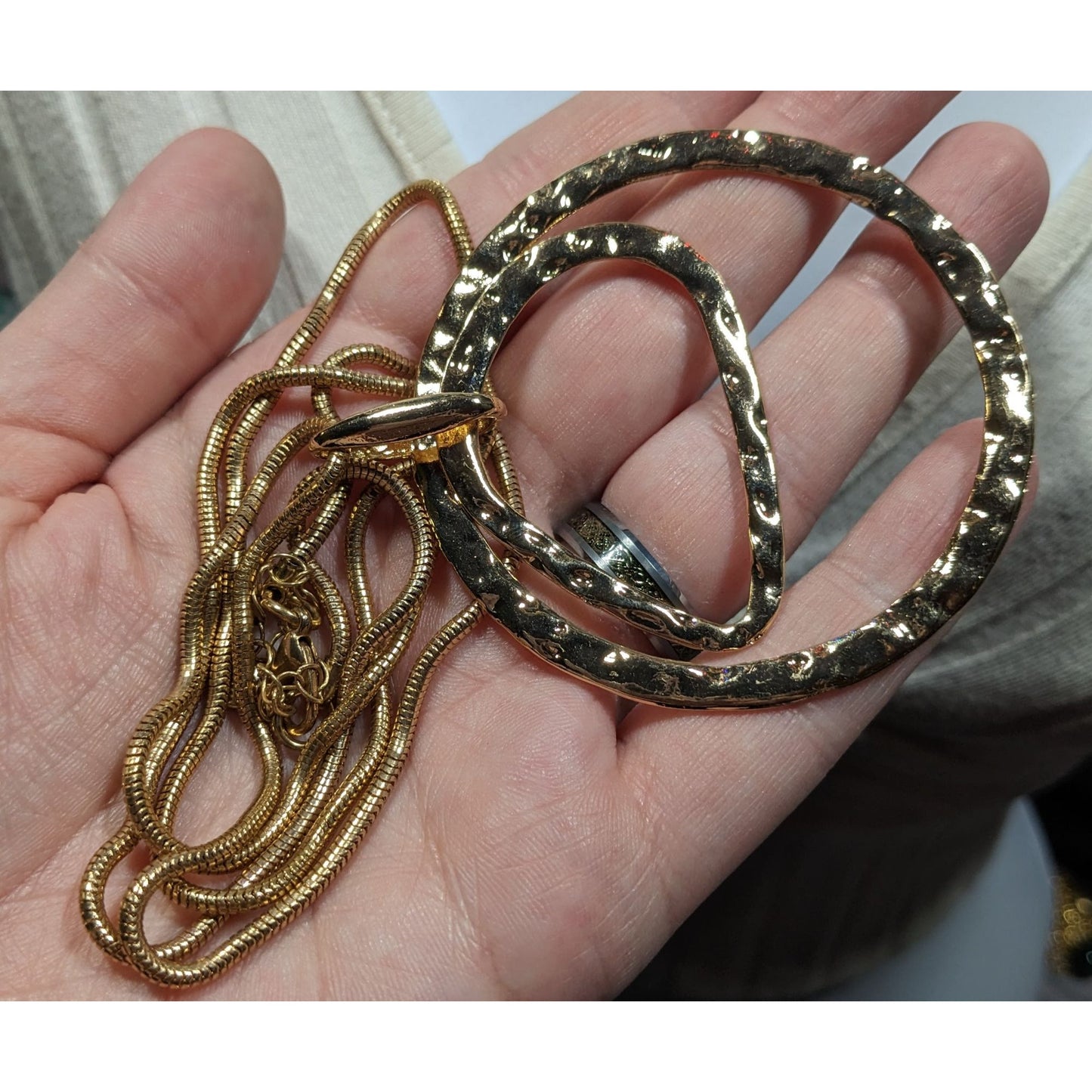 Brutalist Hammered Geometric Gold Tone Open Pendant Necklace