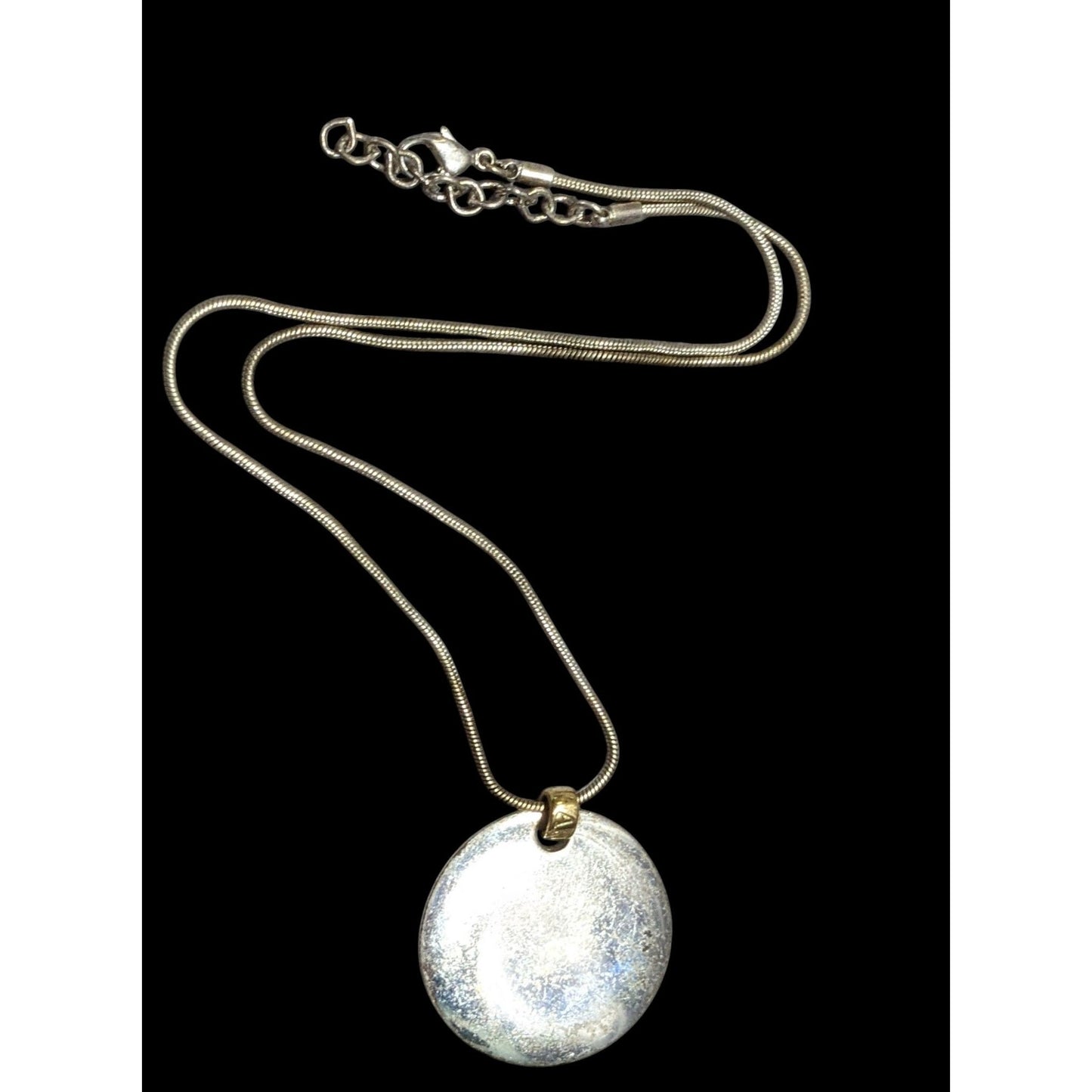 Modern Medallion Silver Tone Pendant Necklace With AK Engraved Gold Tone Bail