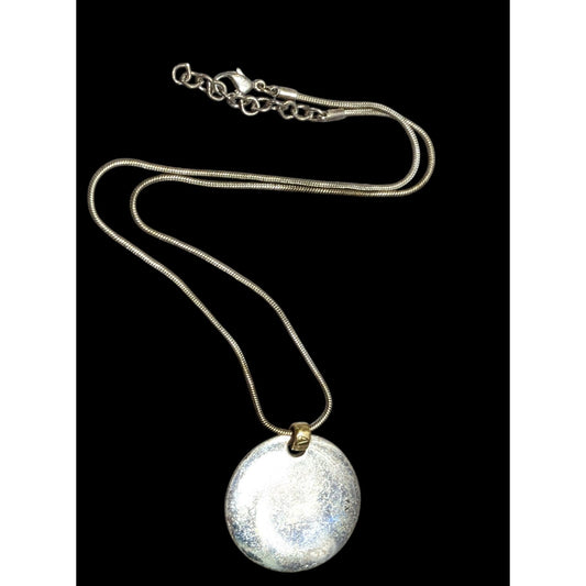 Modern Medallion Silver Tone Pendant Necklace With AK Engraved Gold Tone Bail
