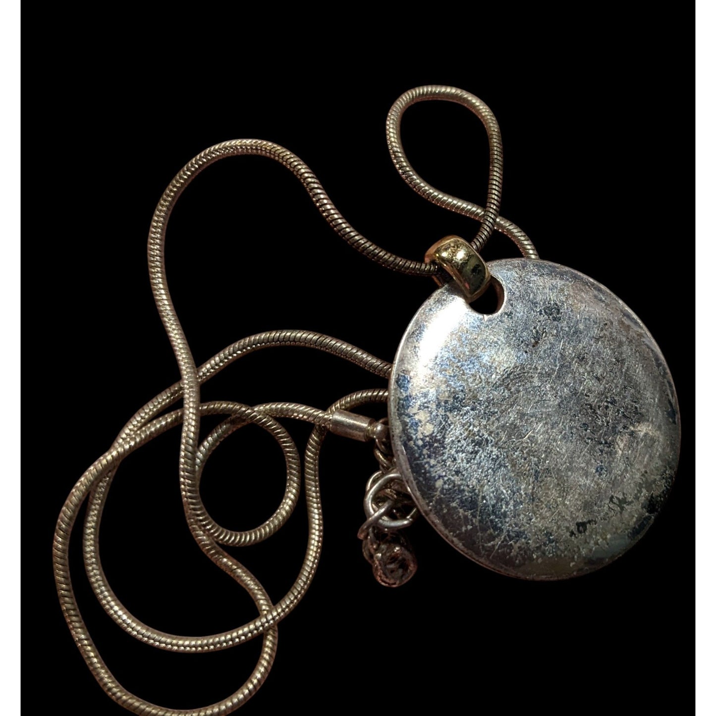 Modern Medallion Silver Tone Pendant Necklace With AK Engraved Gold Tone Bail