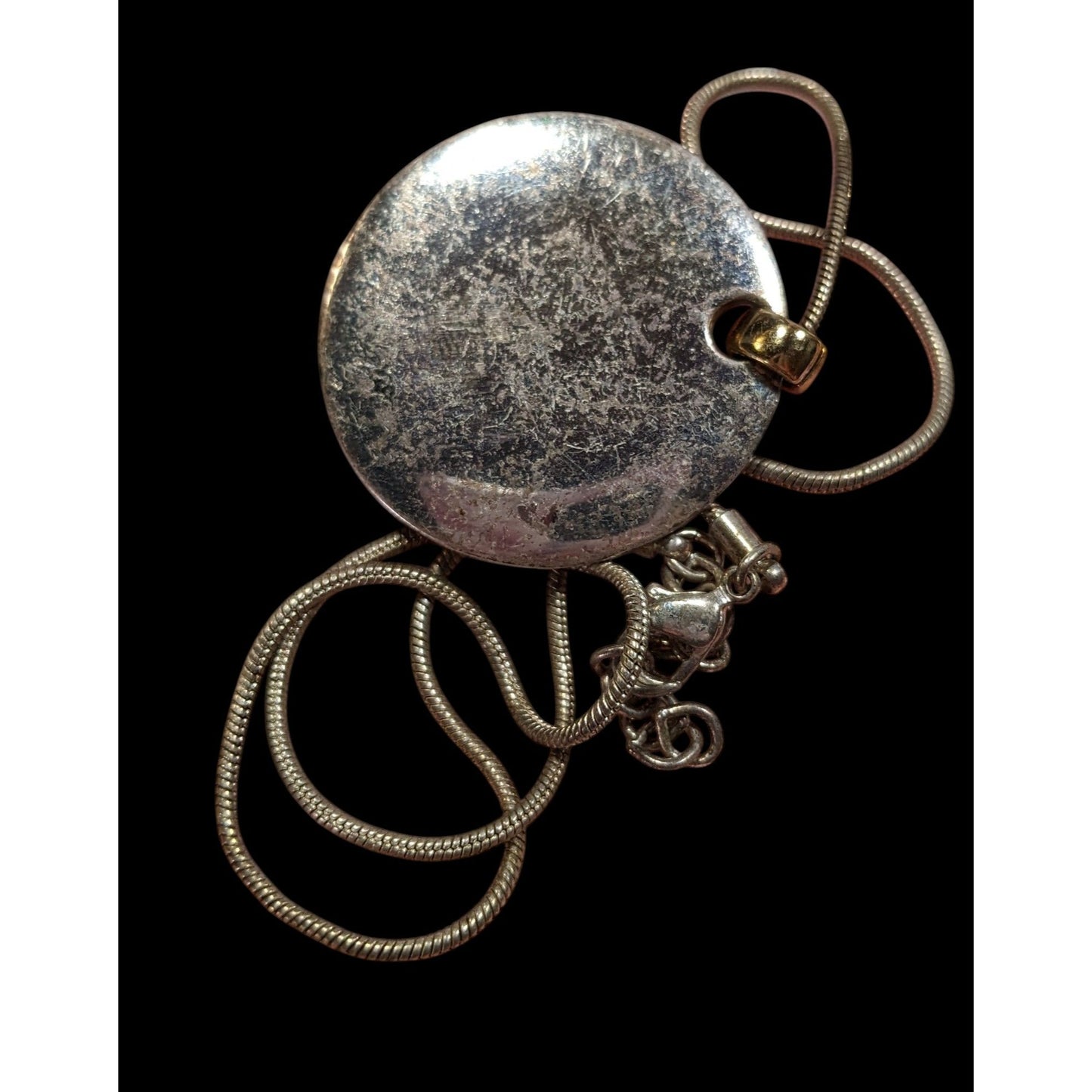 Modern Medallion Silver Tone Pendant Necklace With AK Engraved Gold Tone Bail