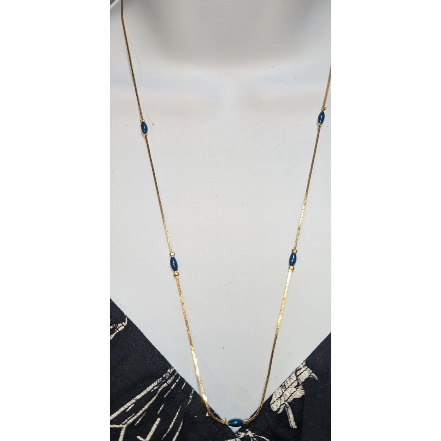Vintage Gold Tone Blue Bead Necklace Minimalist Dainty Snake Chain Jewelry