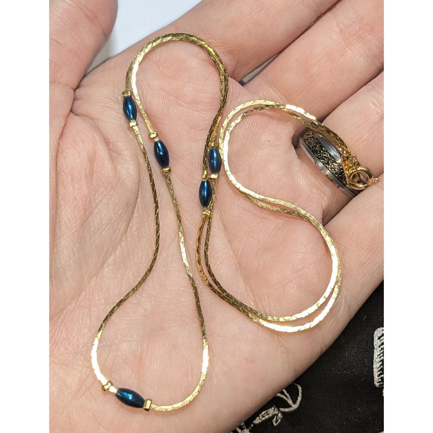 Vintage Gold Tone Blue Bead Necklace Minimalist Dainty Snake Chain Jewelry