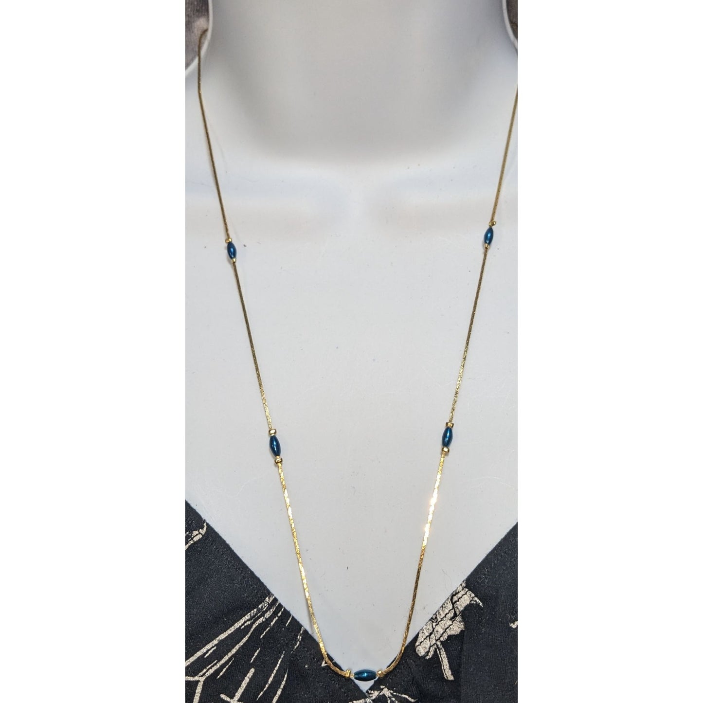 Vintage Gold Tone Blue Bead Necklace Minimalist Dainty Snake Chain Jewelry