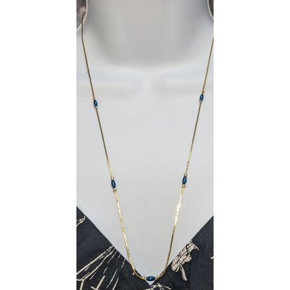 Vintage Gold Tone Blue Bead Necklace Minimalist Dainty Snake Chain Jewelry