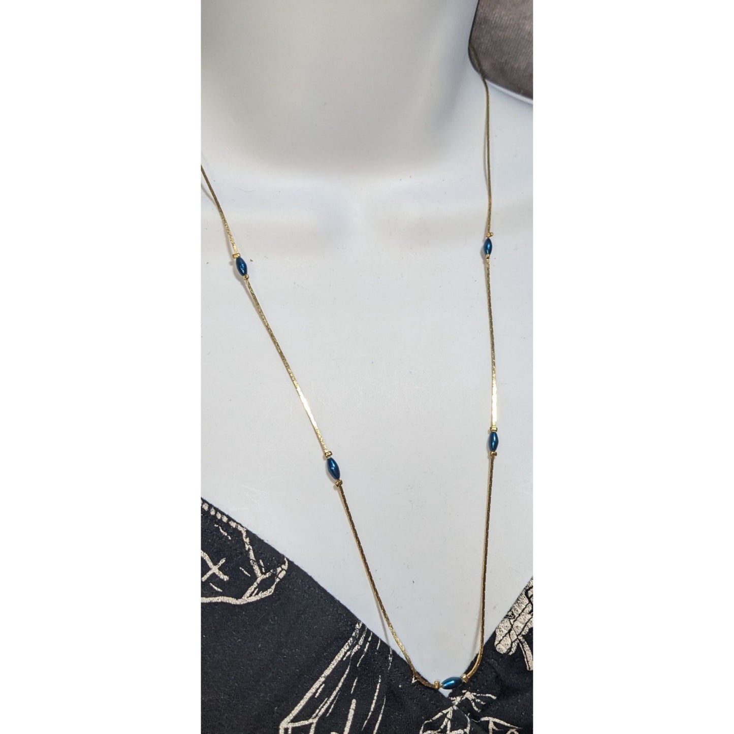 Vintage Gold Tone Blue Bead Necklace Minimalist Dainty Snake Chain Jewelry