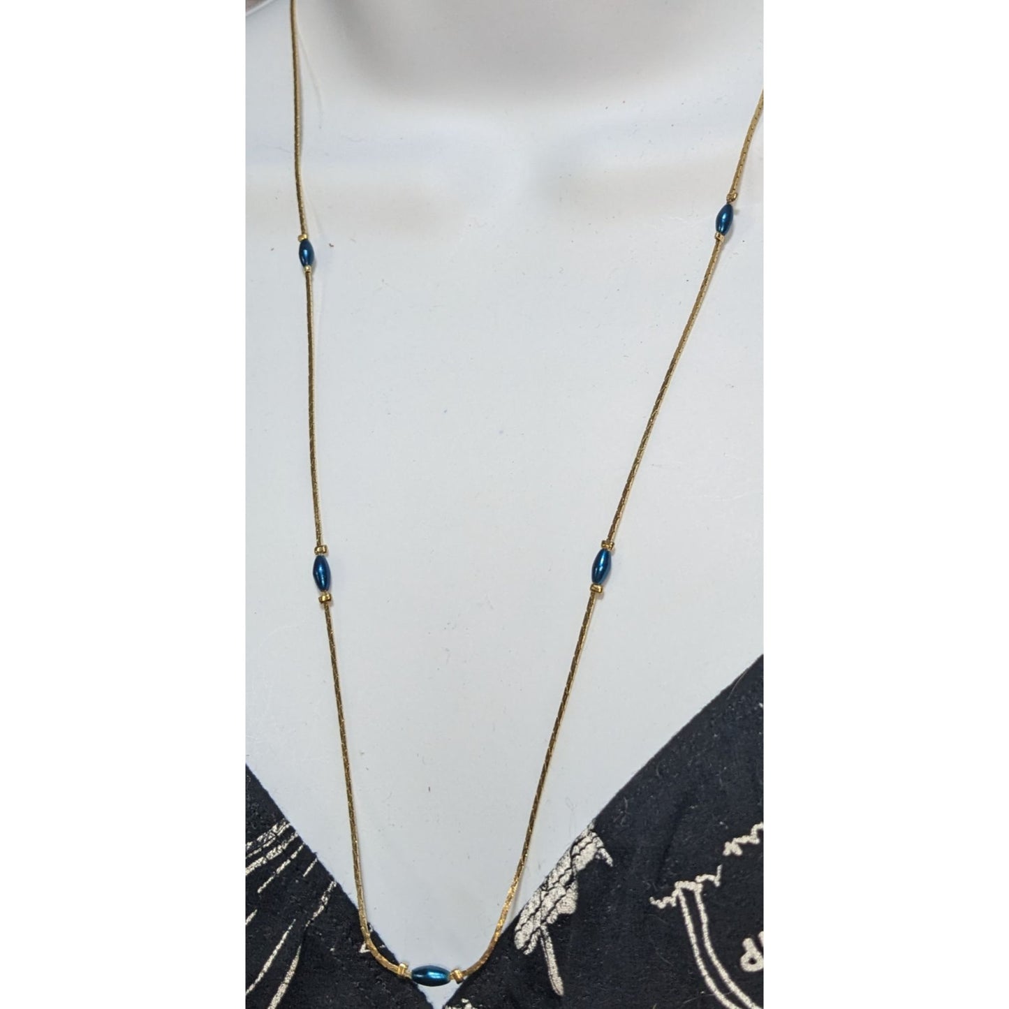 Vintage Gold Tone Blue Bead Necklace Minimalist Dainty Snake Chain Jewelry