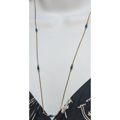 Vintage Gold Tone Blue Bead Necklace Minimalist Dainty Snake Chain Jewelry