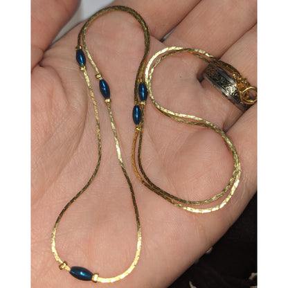 Vintage Gold Tone Blue Bead Necklace Minimalist Dainty Snake Chain Jewelry