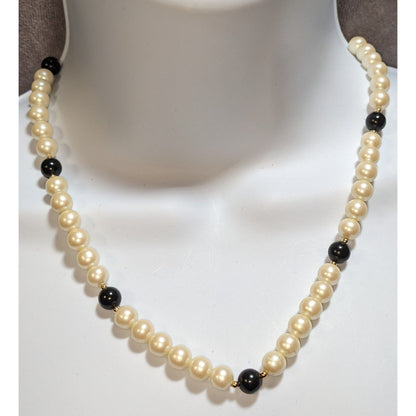 Vintage Faux Pearl Necklace With Black Bead Accents & Gold Detailing Midcentury Elegance