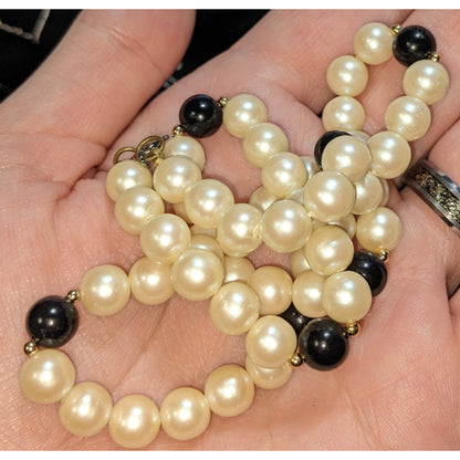 Vintage Faux Pearl Necklace With Black Bead Accents & Gold Detailing Midcentury Elegance