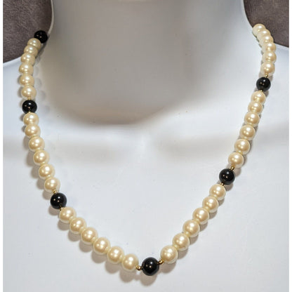 Vintage Faux Pearl Necklace With Black Bead Accents & Gold Detailing Midcentury Elegance