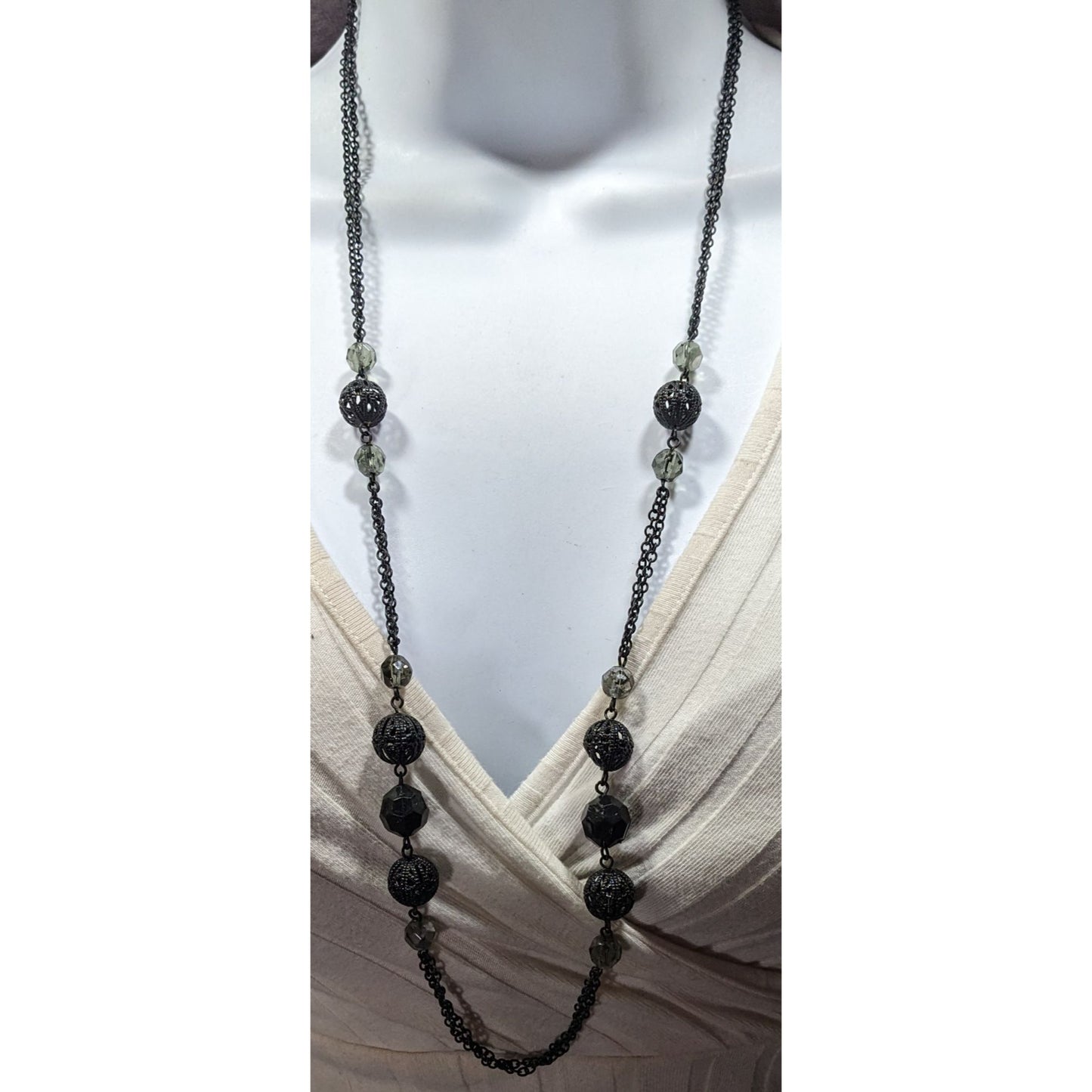 Gothic Matte Black Beaded Chain Station Necklace