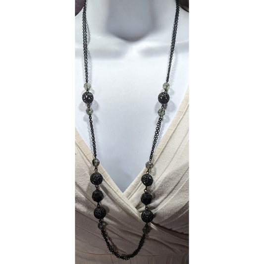 Gothic Matte Black Beaded Chain Station Necklace