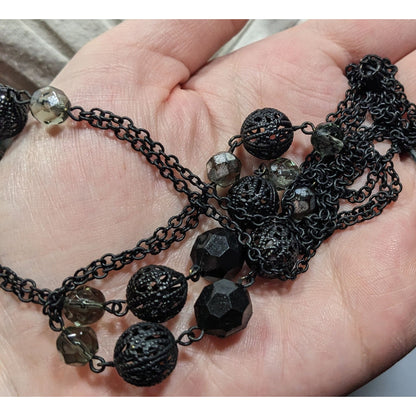 Gothic Matte Black Beaded Chain Station Necklace