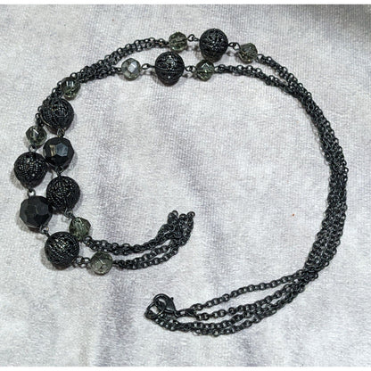 Gothic Matte Black Beaded Chain Station Necklace