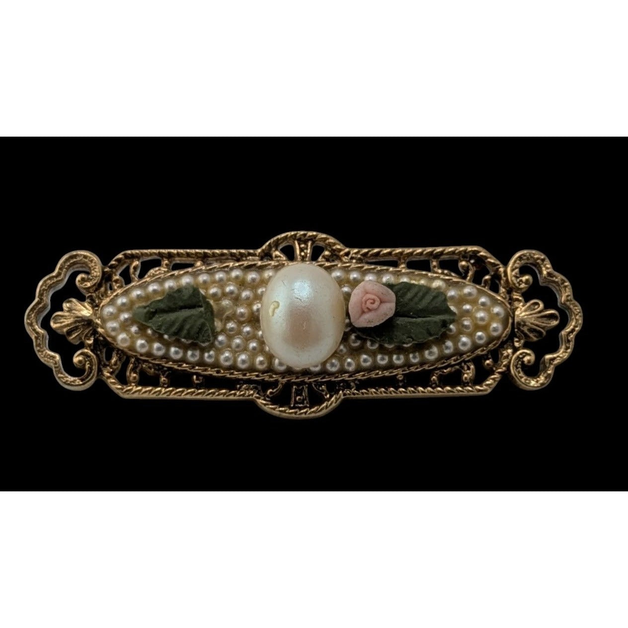 Vintage Victorian Style Gold-Tone Filigree Floral Brooch With Faux Pearls & Pink Rose Accents