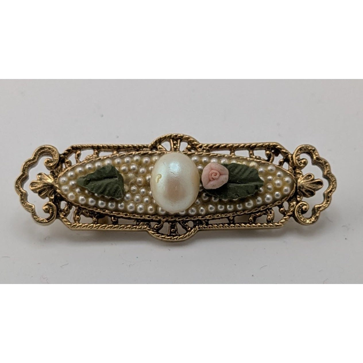 Vintage Victorian Style Gold-Tone Filigree Floral Brooch With Faux Pearls & Pink Rose Accents