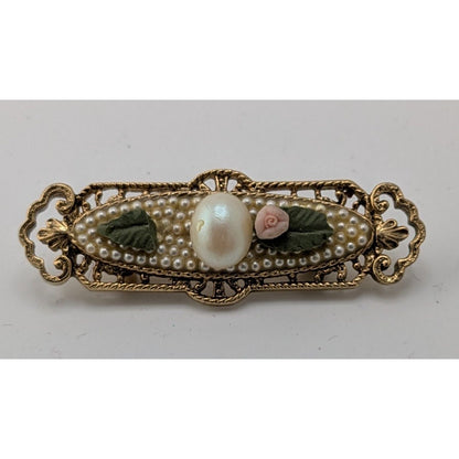 Vintage Victorian Style Gold-Tone Filigree Floral Brooch With Faux Pearls & Pink Rose Accents