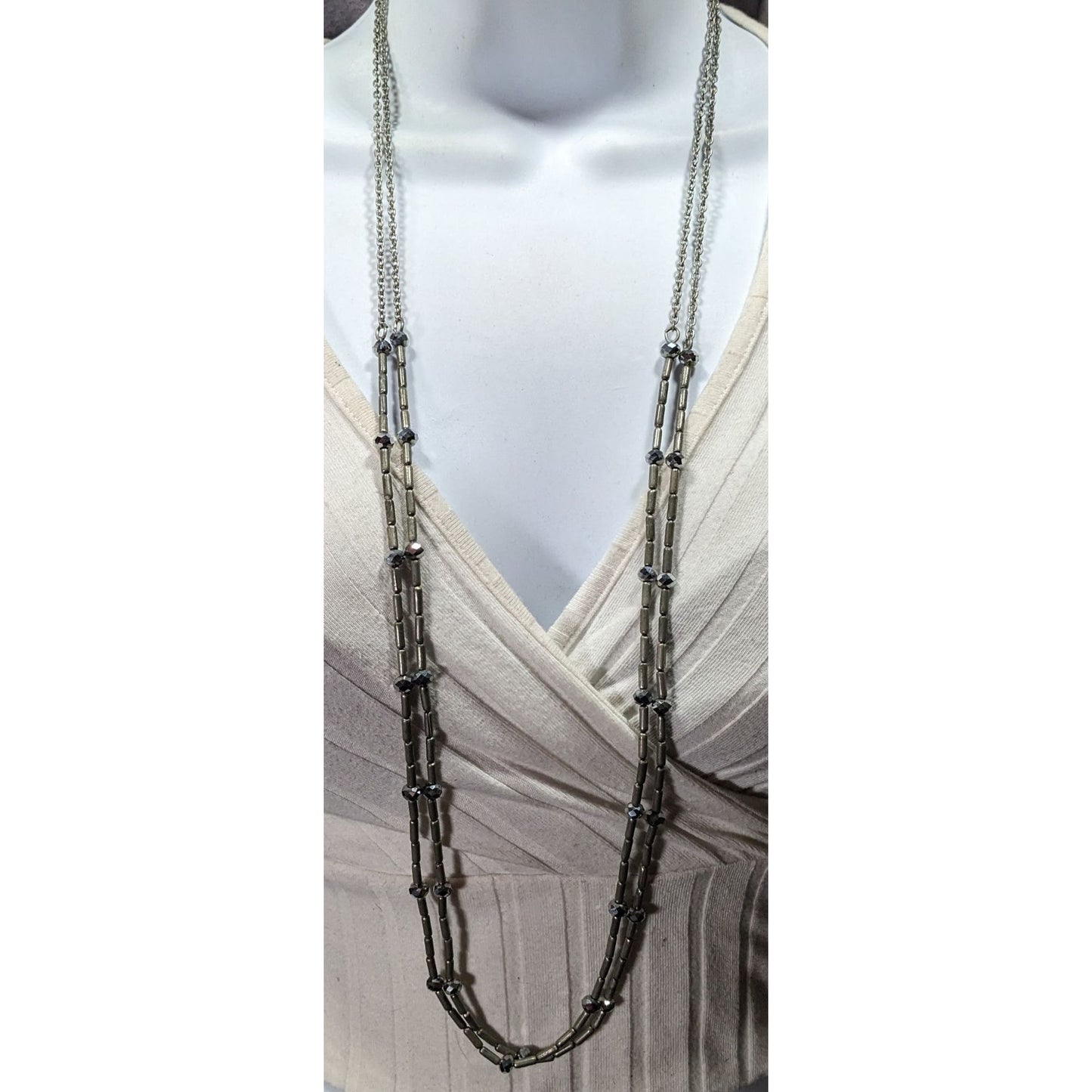 Elegant Glam Multilayer Metal And Glass Silver Tone Beaded Necklace