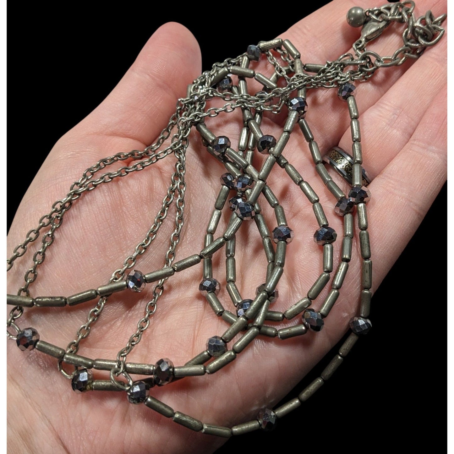Elegant Glam Multilayer Metal And Glass Silver Tone Beaded Necklace