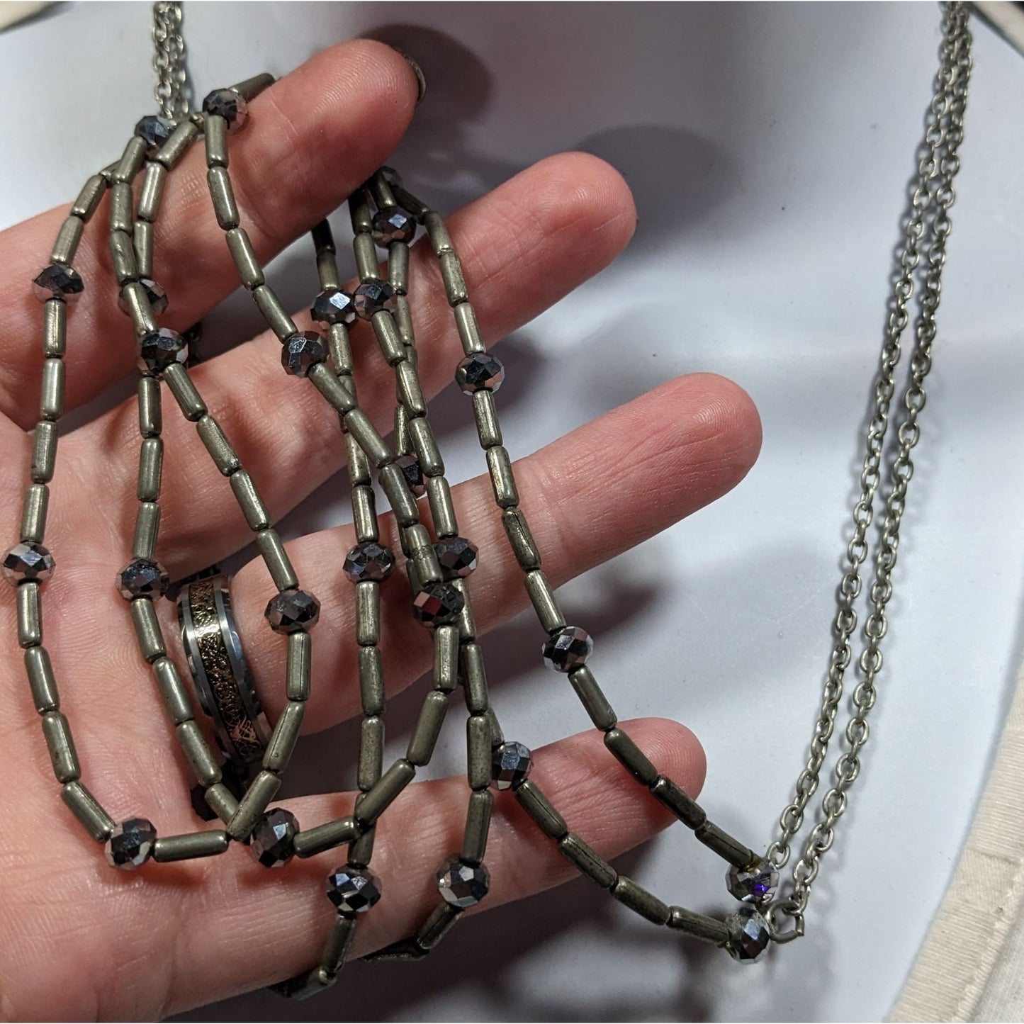 Elegant Glam Multilayer Metal And Glass Silver Tone Beaded Necklace