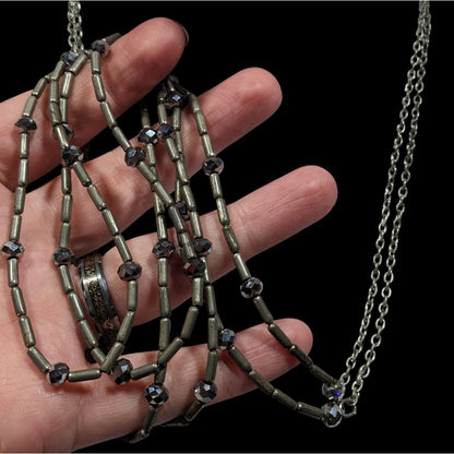 Elegant Glam Multilayer Metal And Glass Silver Tone Beaded Necklace