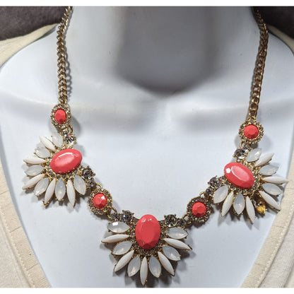 Y2K Floral Statement Necklace With Coral & White Gemstones