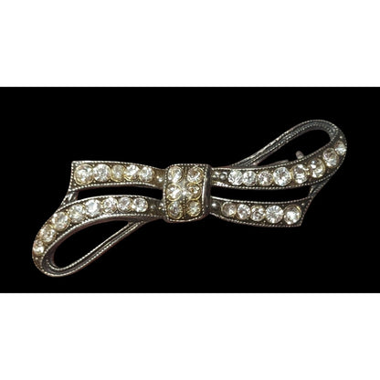 Vintage Coquette Silver Tone Rhinestone Bow Brooch