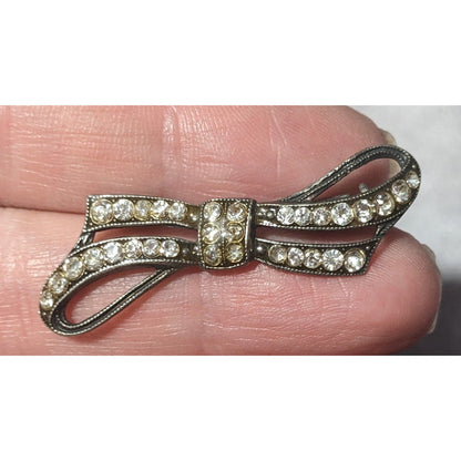 Vintage Coquette Silver Tone Rhinestone Bow Brooch