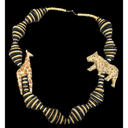 Vintage Hand Carved Safari Themed Wooden Necklace