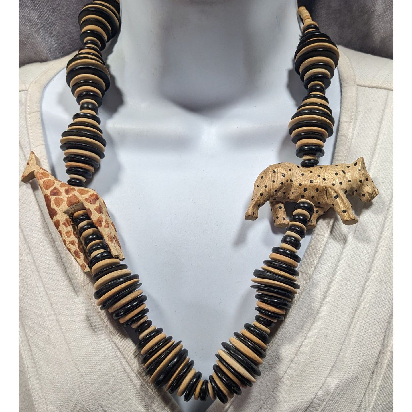 Vintage Hand Carved Safari Themed Wooden Necklace
