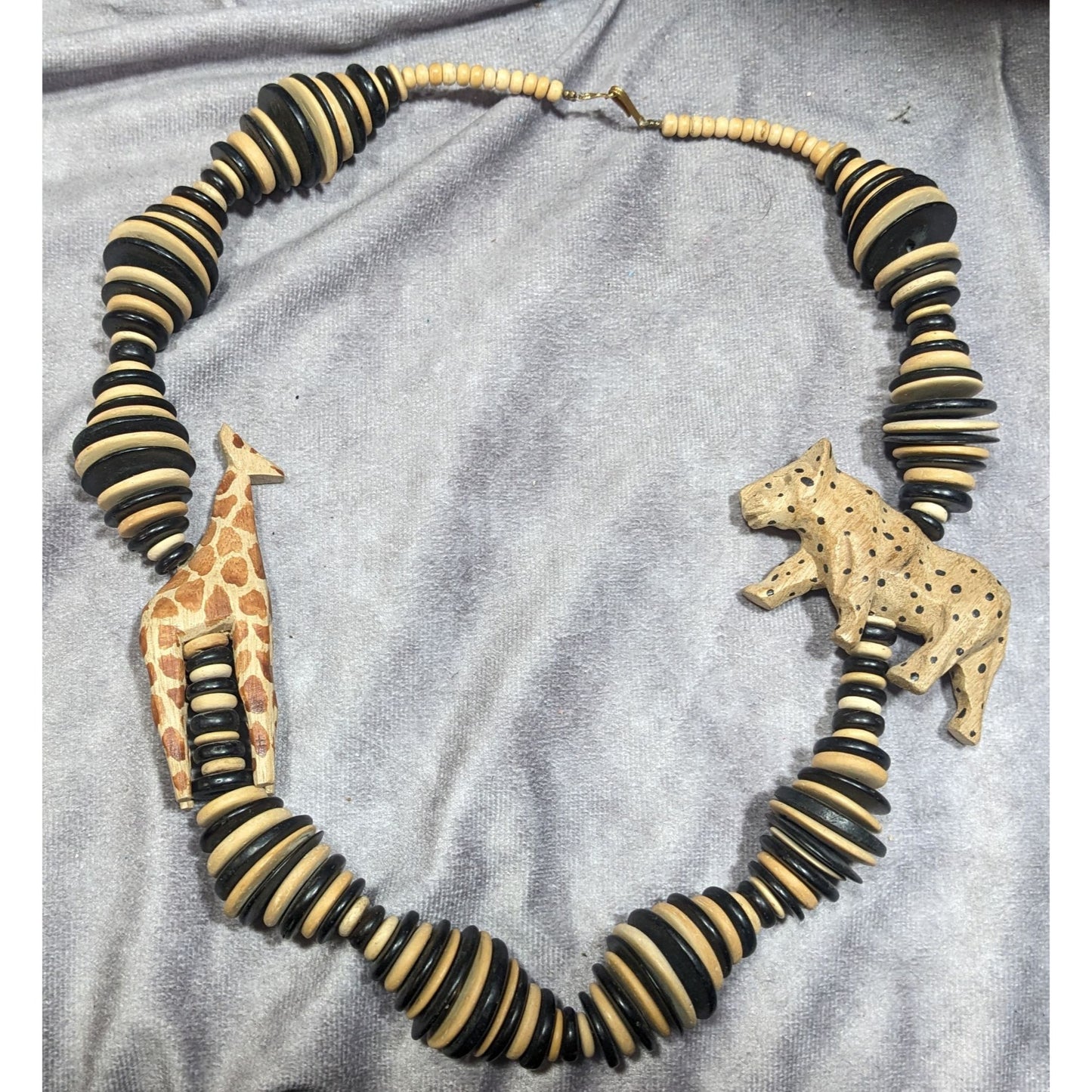 Vintage Hand Carved Safari Themed Wooden Necklace