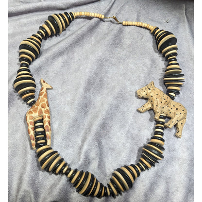 Vintage Hand Carved Safari Themed Wooden Necklace