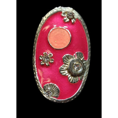 Retro Floral Pink Enamel And Silver Tone Oval Ring