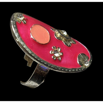 Retro Floral Pink Enamel And Silver Tone Oval Ring