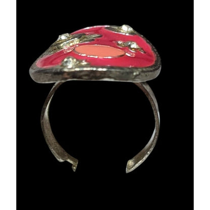 Retro Floral Pink Enamel And Silver Tone Oval Ring