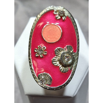 Retro Floral Pink Enamel And Silver Tone Oval Ring
