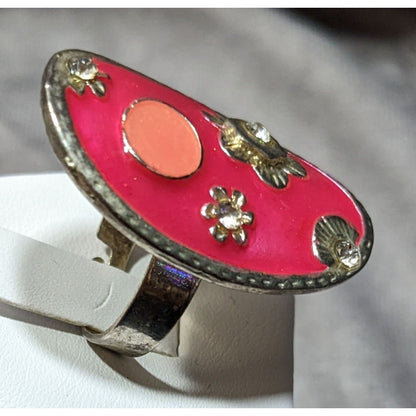 Retro Floral Pink Enamel And Silver Tone Oval Ring