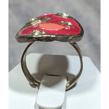 Retro Floral Pink Enamel And Silver Tone Oval Ring