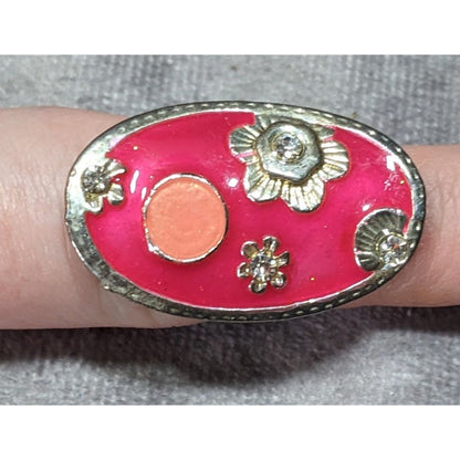 Retro Floral Pink Enamel And Silver Tone Oval Ring