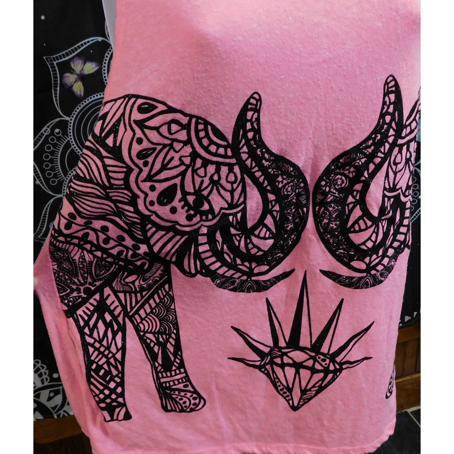 Wound Up Bohemian Sparkly Black And Pink Elephant Top