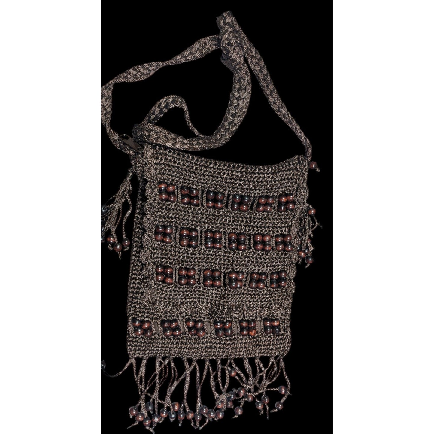 Chateau Boho Brown Crochet Beaded Crossbody Bag With Fringe