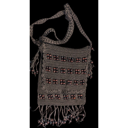 Chateau Boho Brown Crochet Beaded Crossbody Bag With Fringe