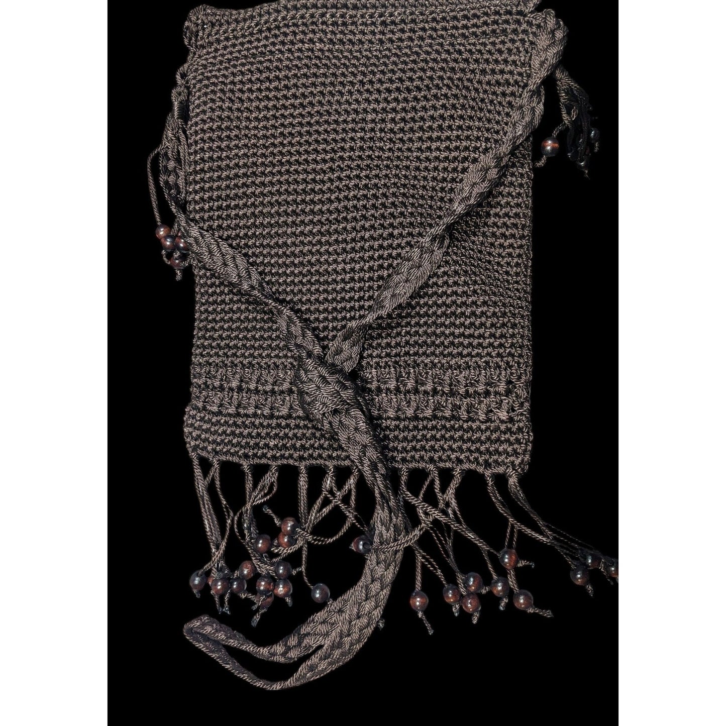 Chateau Boho Brown Crochet Beaded Crossbody Bag With Fringe
